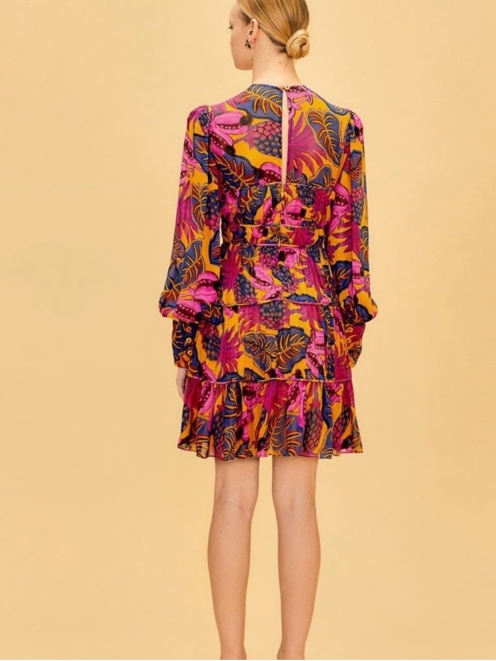 FARM Rio Yellow Fruit Dream Long Sleeve Mini Dress NWT | Tropical Print | Sz XL - Picture 3 of 9
